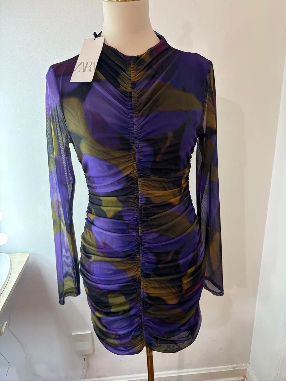 NWT Zara Purple & Olive Ruched Long-Sleeve Sheer Bodycon Dress with stretch